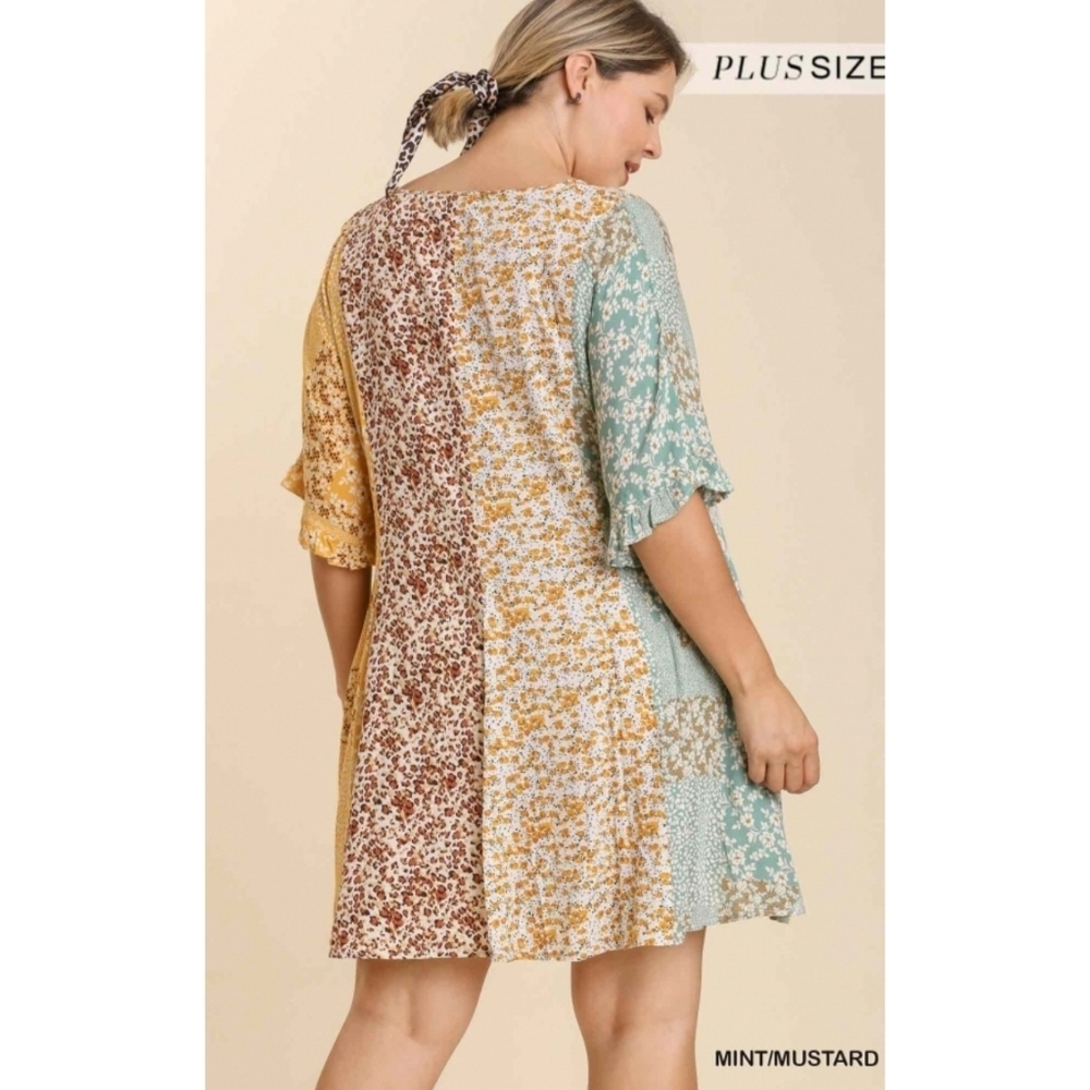 LAST ONE! NEW Umgee Plus Mixed Floral Print Ruffle Dress Pockets - Picture 2 of 12